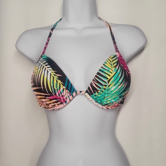 SHADE & SHORE Tropical Palm Leaves Multicolor Bikini Halter Top Size 34DD - Picture 2 of 11